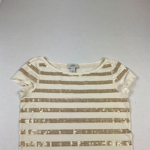 LOFT Sequin T-Shirt Ivory Gold Striped Short Sleeve Boat Neck Top Stretch Tee XS - Picture 3 of 11